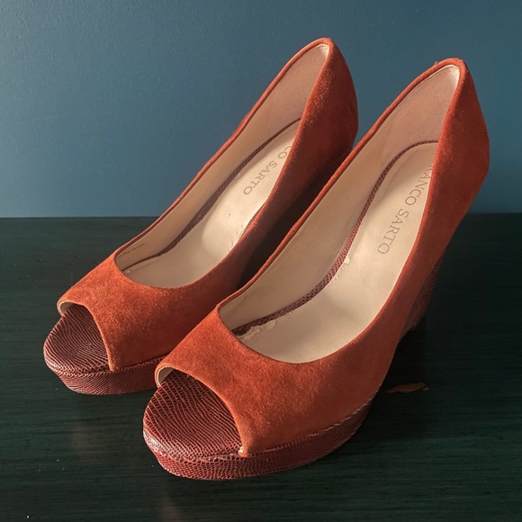 Franco Sarto ‘Surf’ Suede Peep Toe Wedge - Brown Rust - 7 - Picture 2 of 8